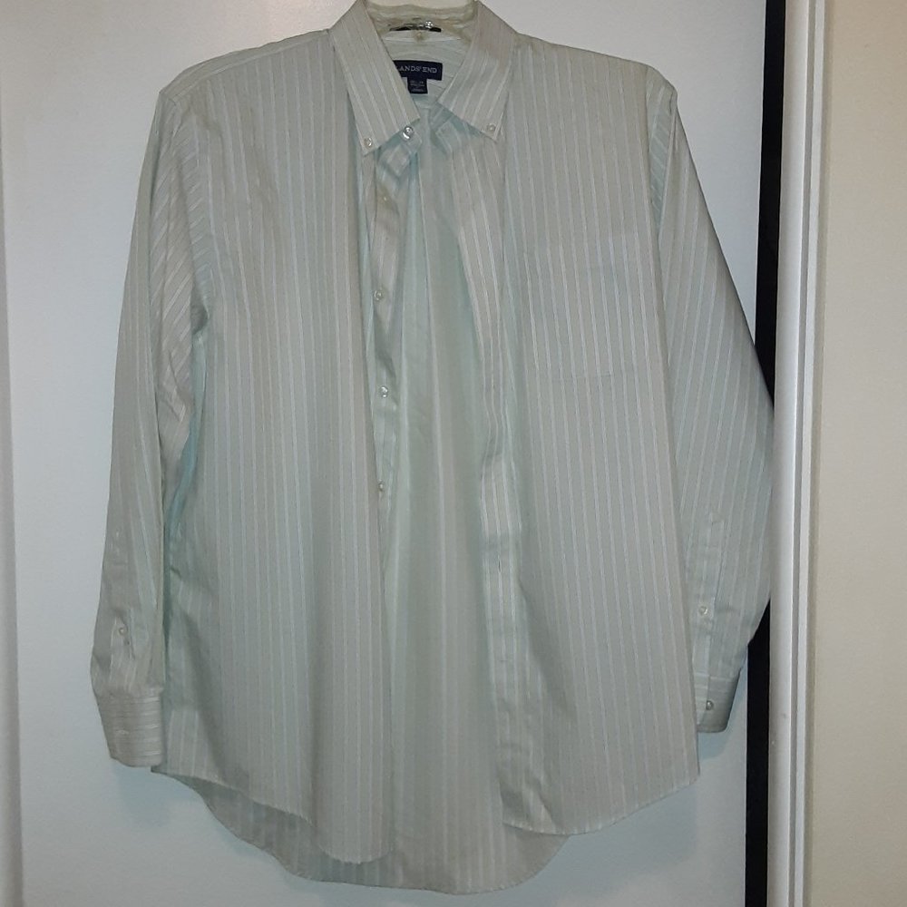 Lands' End Traditional Fit Dress Shirt- Light Green Stripe - Men's Size 16.5-35